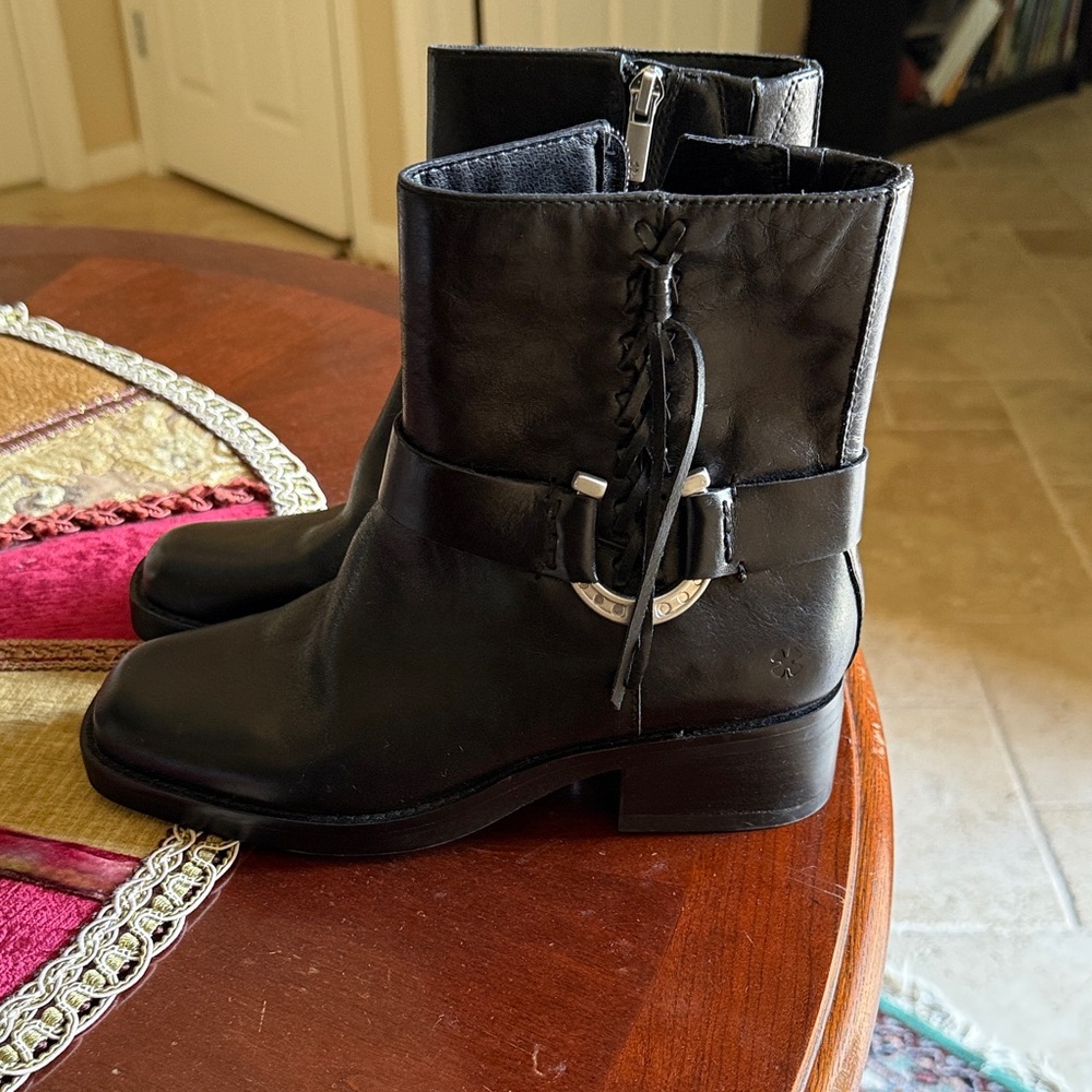Lucky Brand Black Leather Ankle Boots with Buckle and Braided Detail